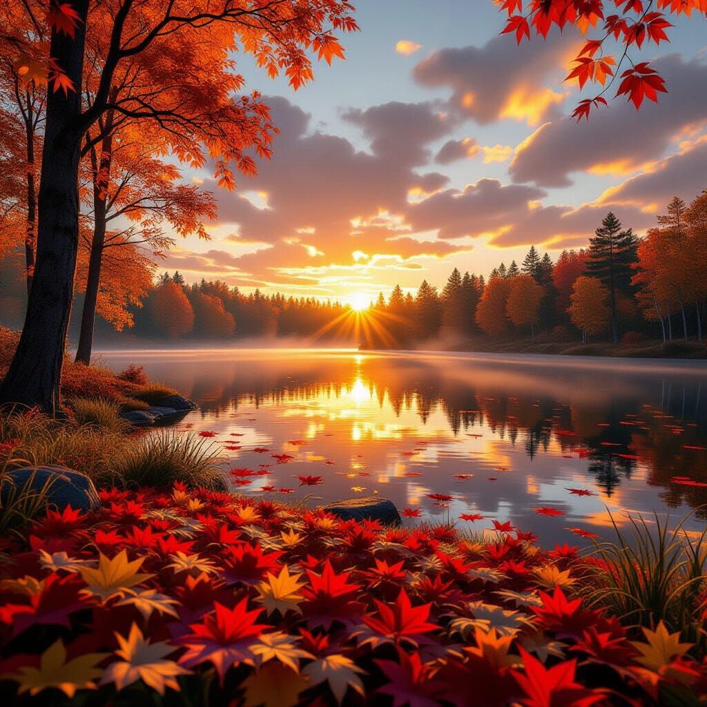 Golden Hour Autumn Sunrise Over Forest Lake