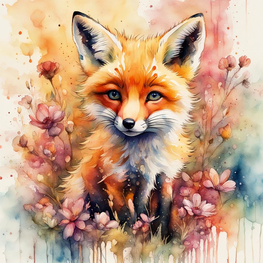 Whimsical Fox Cub in Watercolor Wonderland
