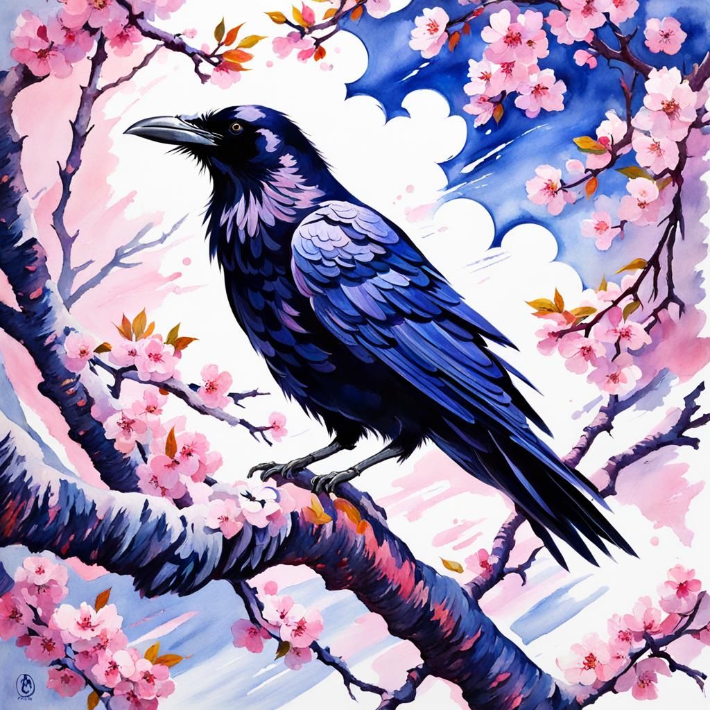 Raven in Cherry Blossom Tree, Gouache Style