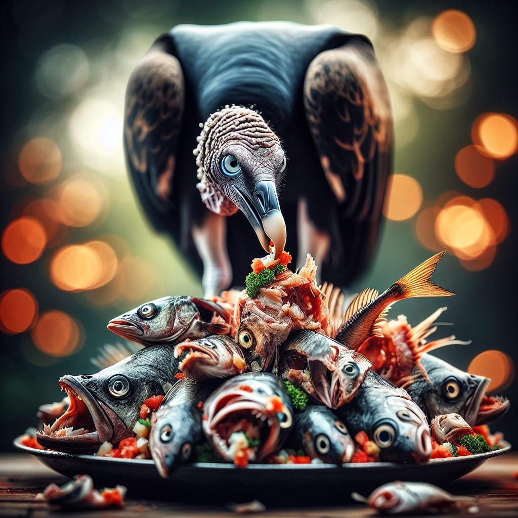Black Vulture Feasting on Fish Head Salad