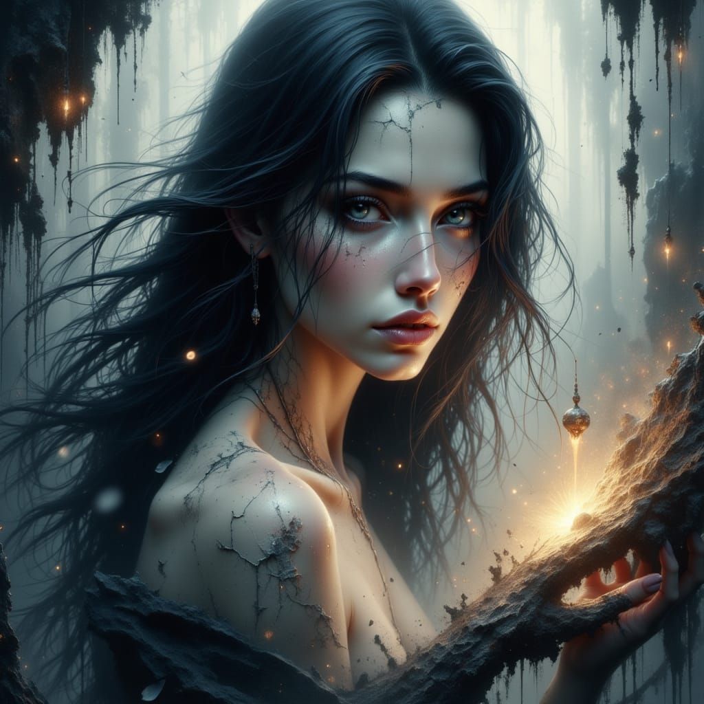 Ethereal Girl with Black Hair in Romantic Style