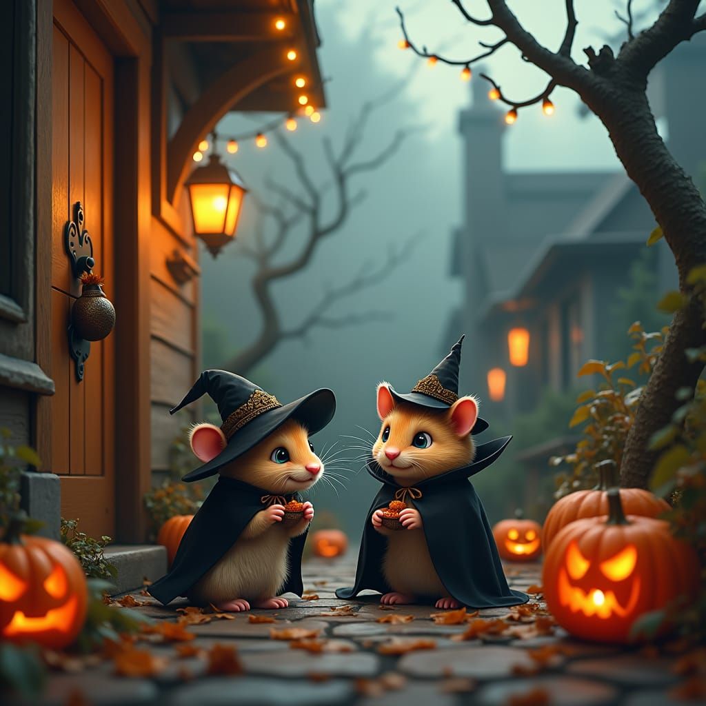 Hamster and Cat Trick-or-Treating in Autumn Fantasy Style