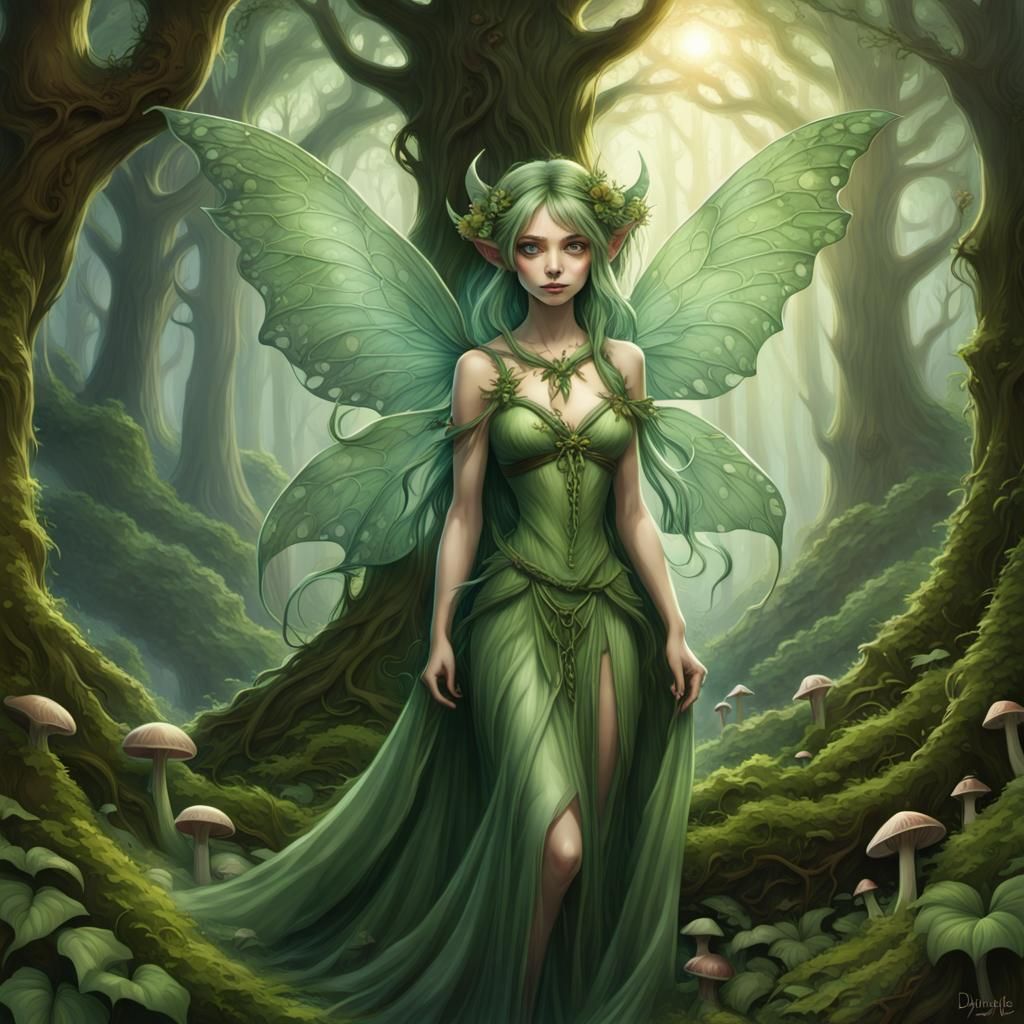 Iridescent Pixie in Mystical Forest: Digital Art