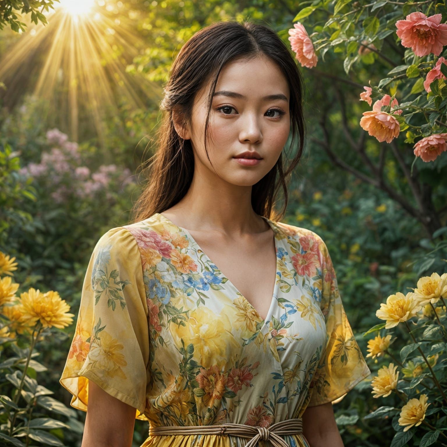 A Young Chinese Woman in a Vibrant Yellow Dress, Captured in...