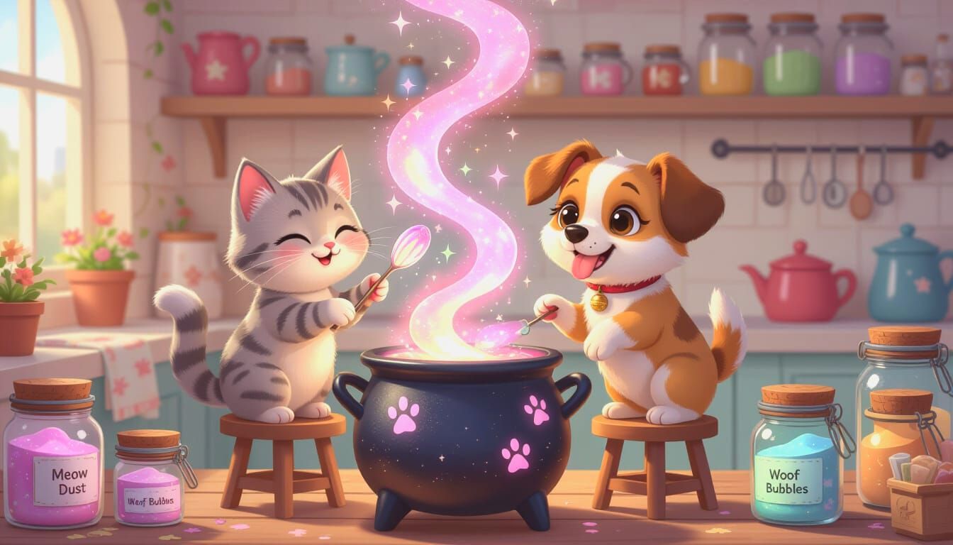 Cute Cat and Dog Stirring Magical Potion
