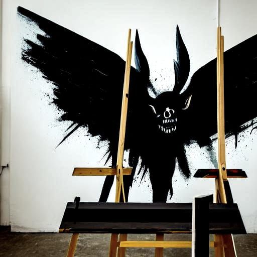 painting on an easel, a pitch black smiling demon with wings...