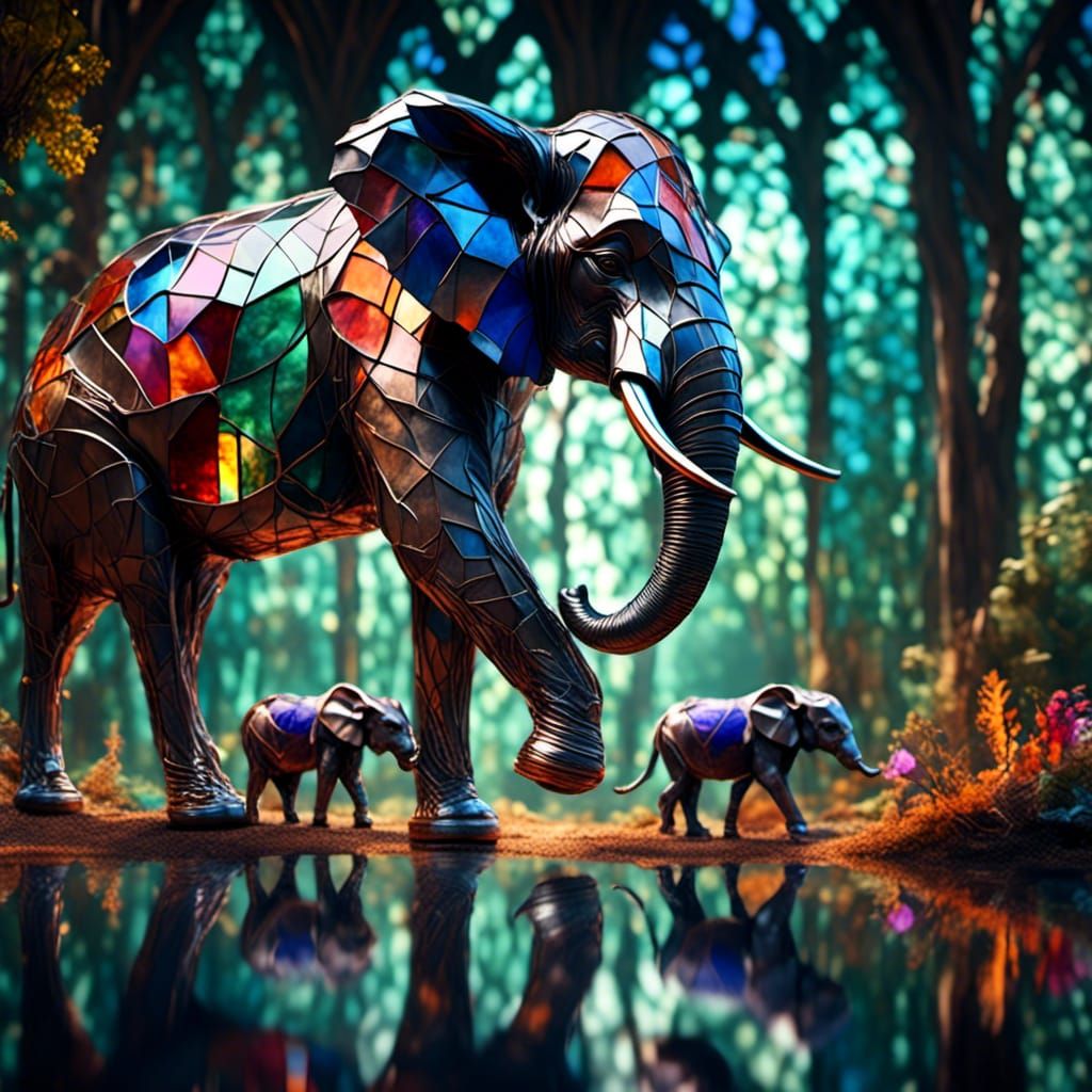 Stainless Steel Elephant in Stained Glass Jungle