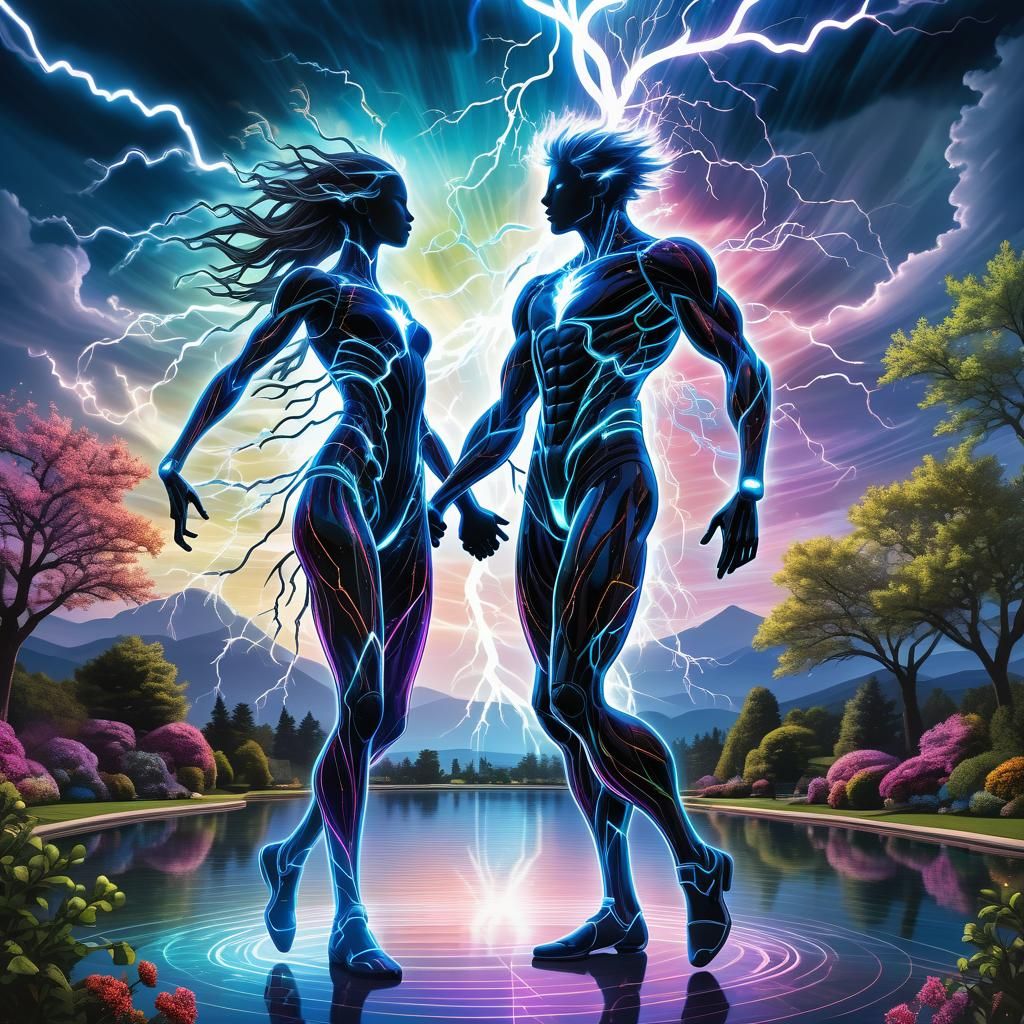 Dancing Lightning Humanoids in Manga Style Digital Art