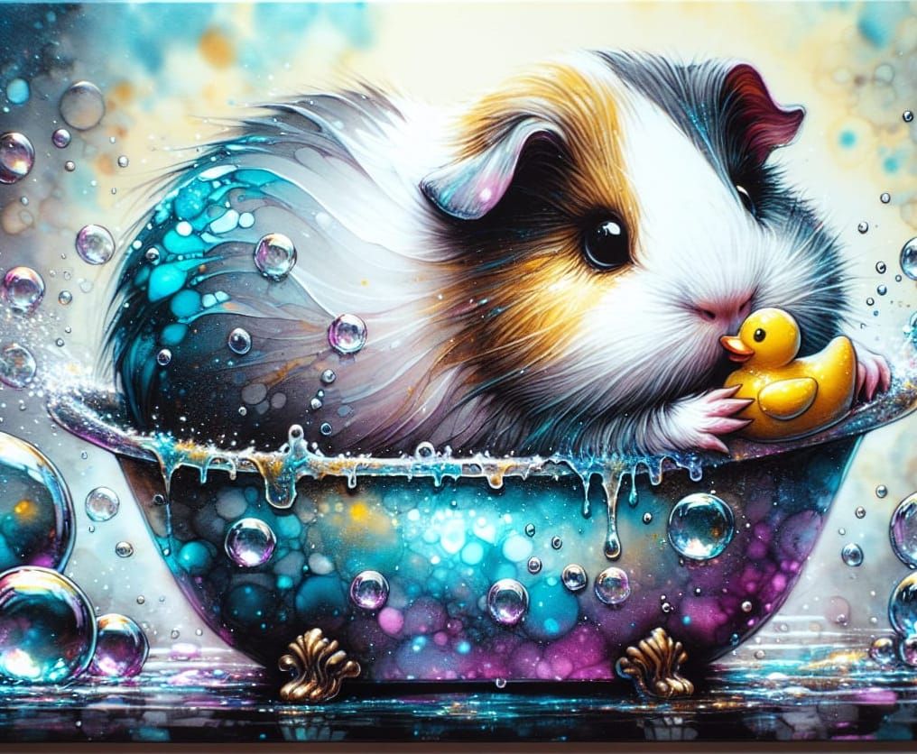 Guinea Pig Bathtime Fantasy in Alcohol Ink and Oil