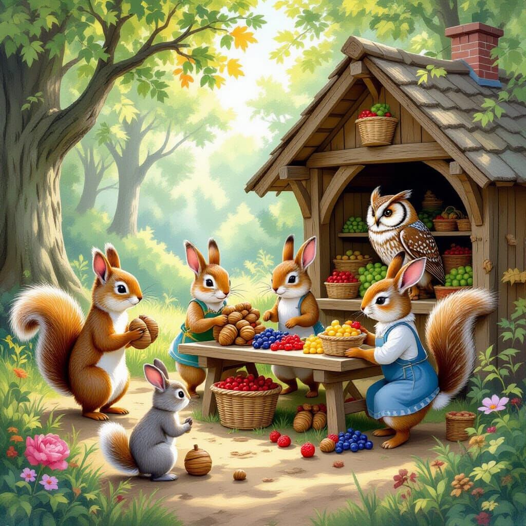 Whimsical Woodland Creatures Farmstand in Ancient Forest