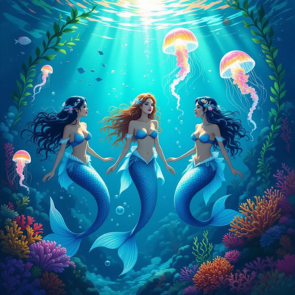 Dreamy Mermaids in Underwater Kingdom, Digital Art