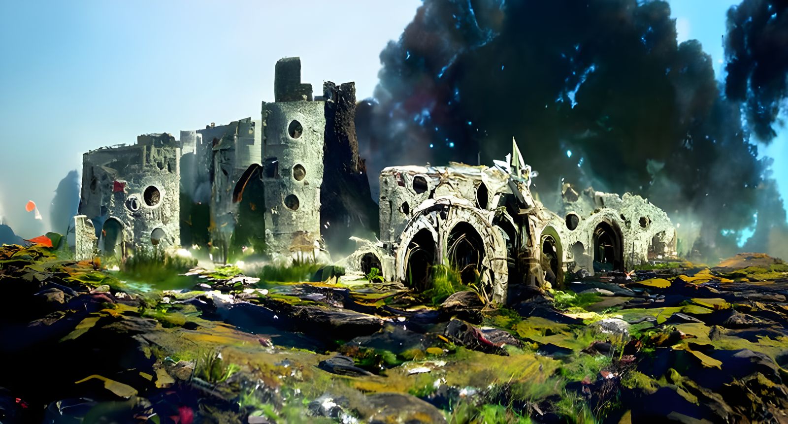 Medieval Castle Ruins in Cosmic Landscape