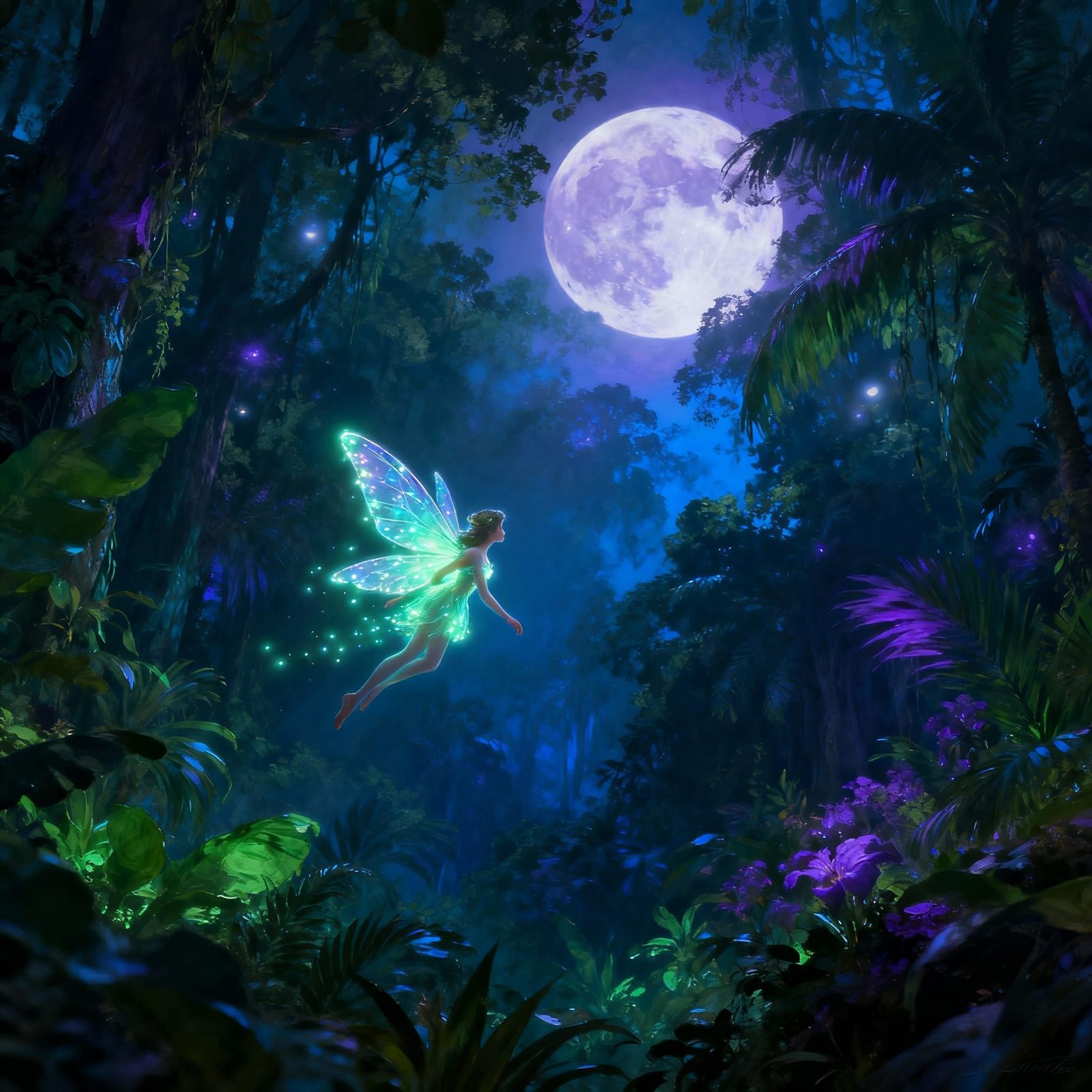 Bioluminescent Fairy Under Full Moon in Tropical Rainforest
