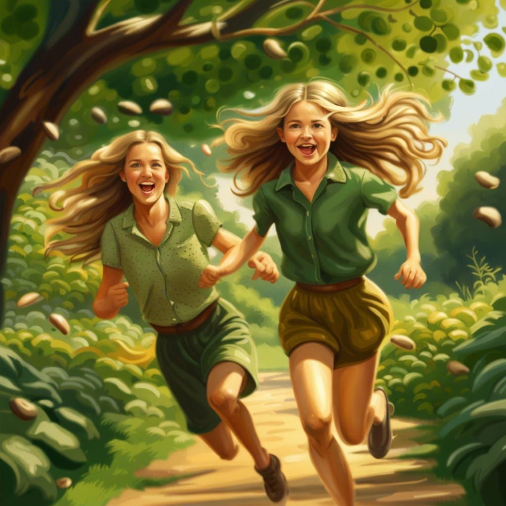 Woman and Girl Running in Garden: Hyperrealistic Art