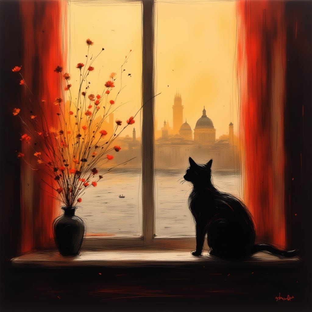 Ethereal Cat Watching Boats at Sunset