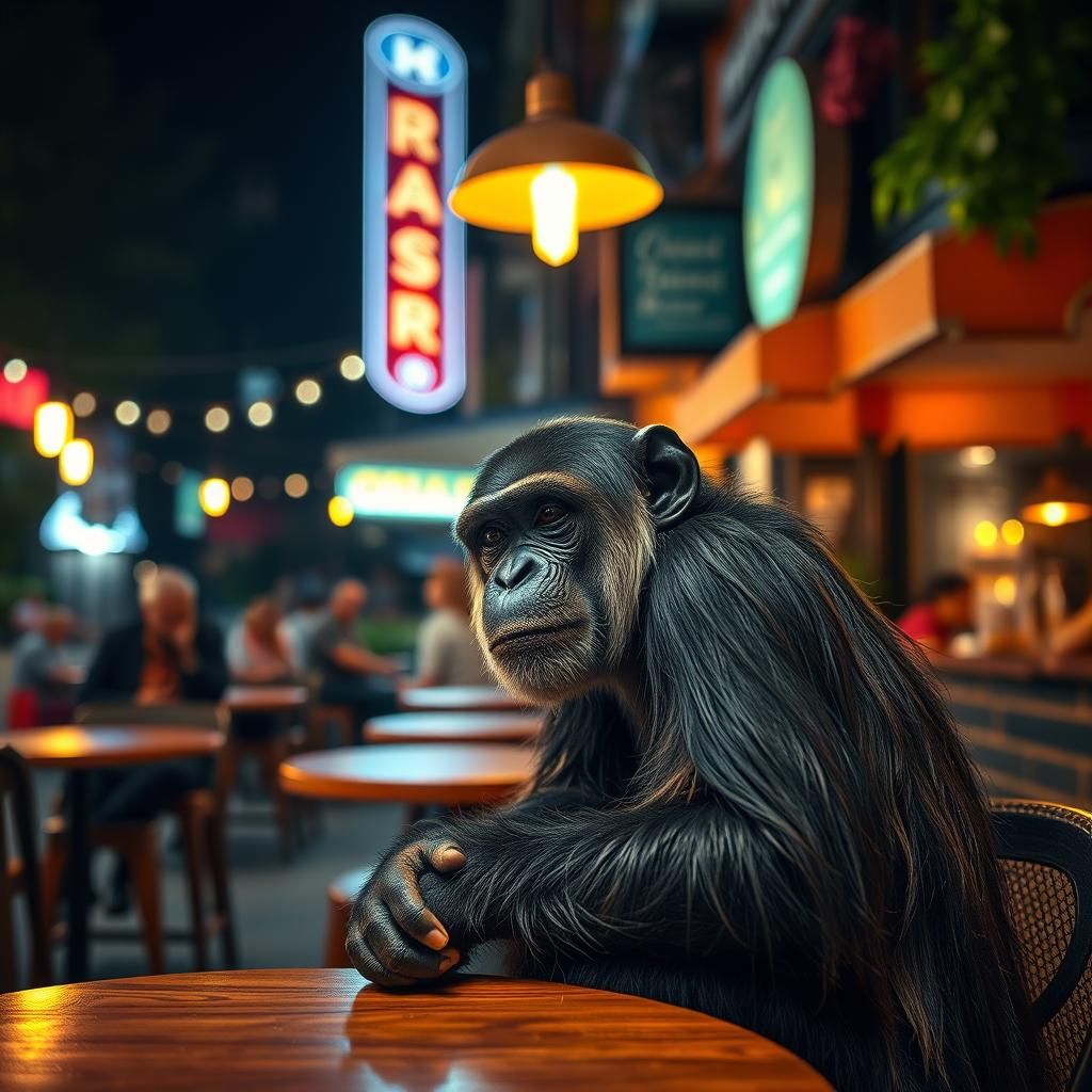 Chimpanzee in Night Cafe: Wide Angle Photography