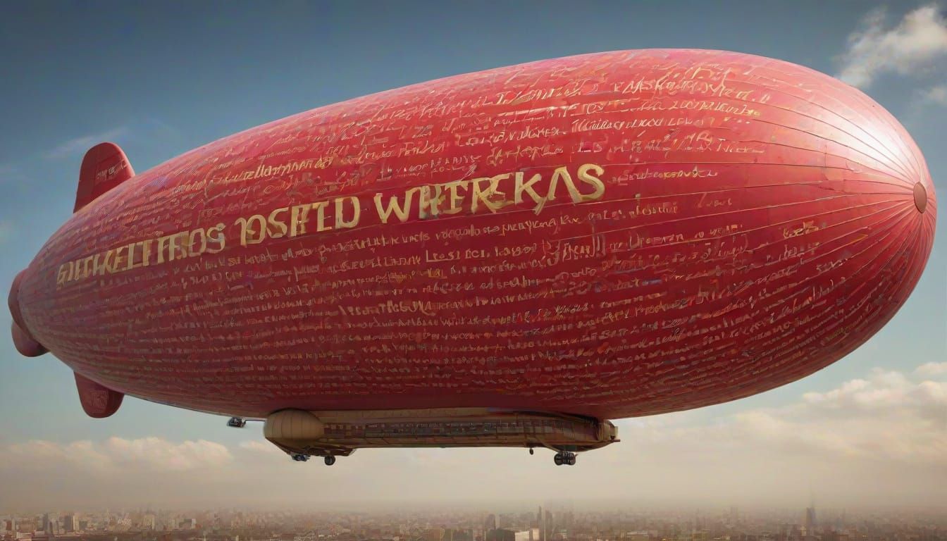 Red and Gold Dirigible Covered in Writing