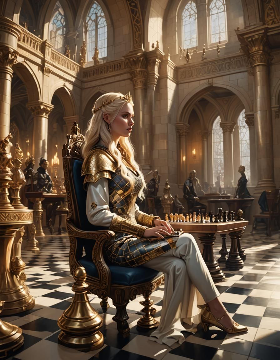 Golden Chess Game in High-Fantasy Art Deco Style