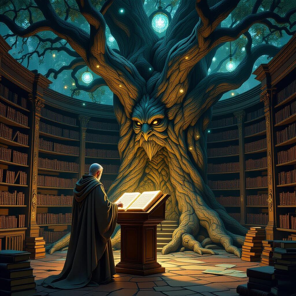 Magical Library Inside Ancient Tree, Scholarly Figure Studyi...