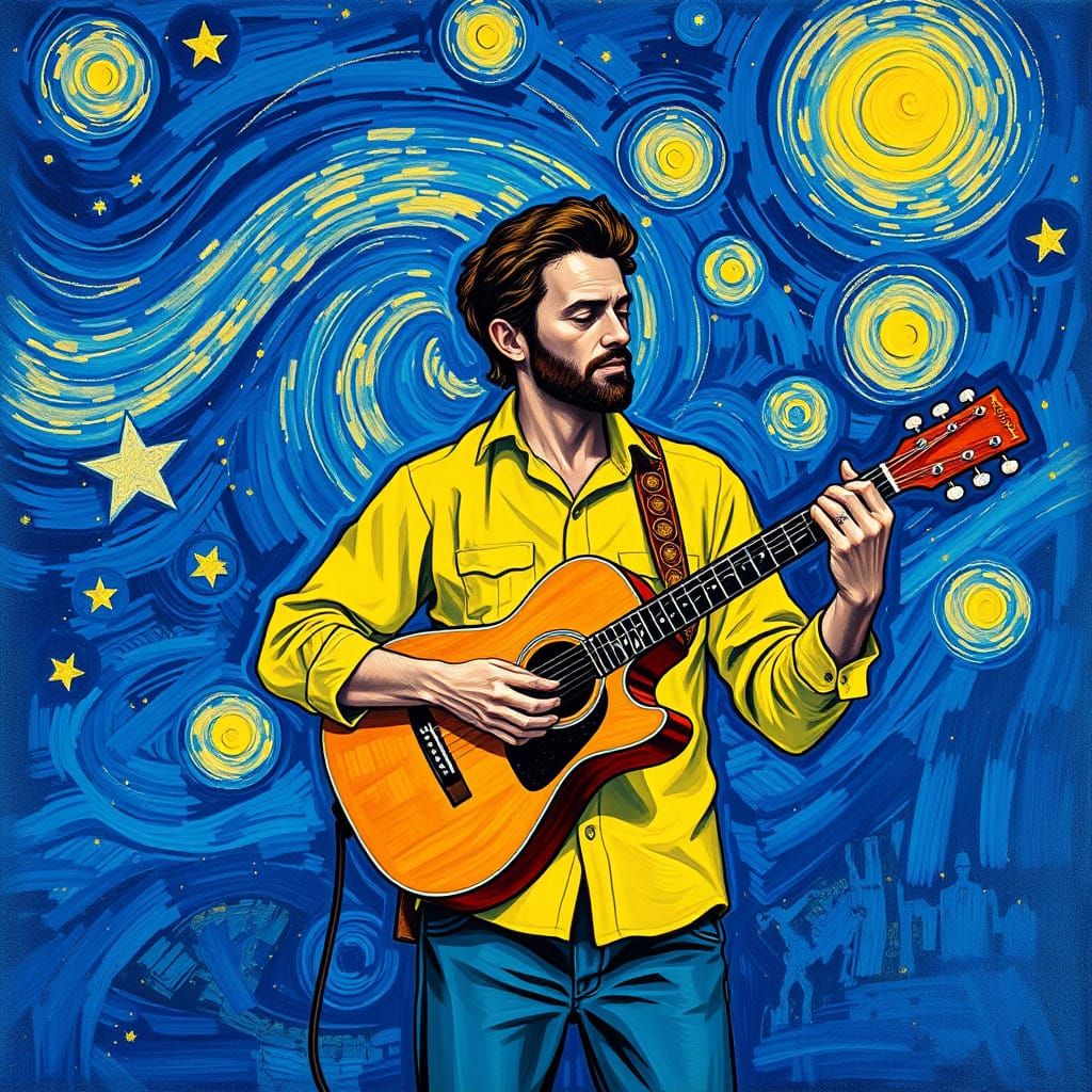 Vibrant Guitarist in Starry Night Sky