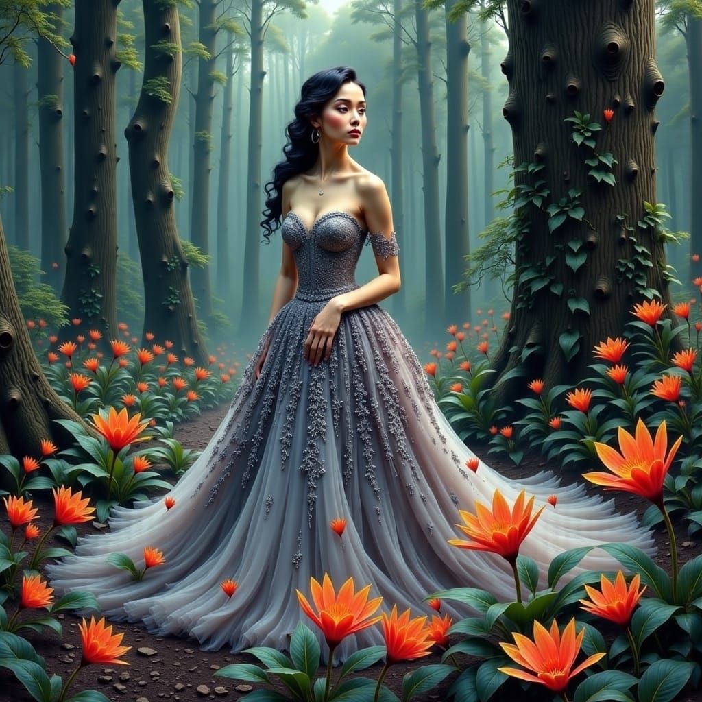 Woman in Ethereal Forest Gown, Cinematic Digital Art