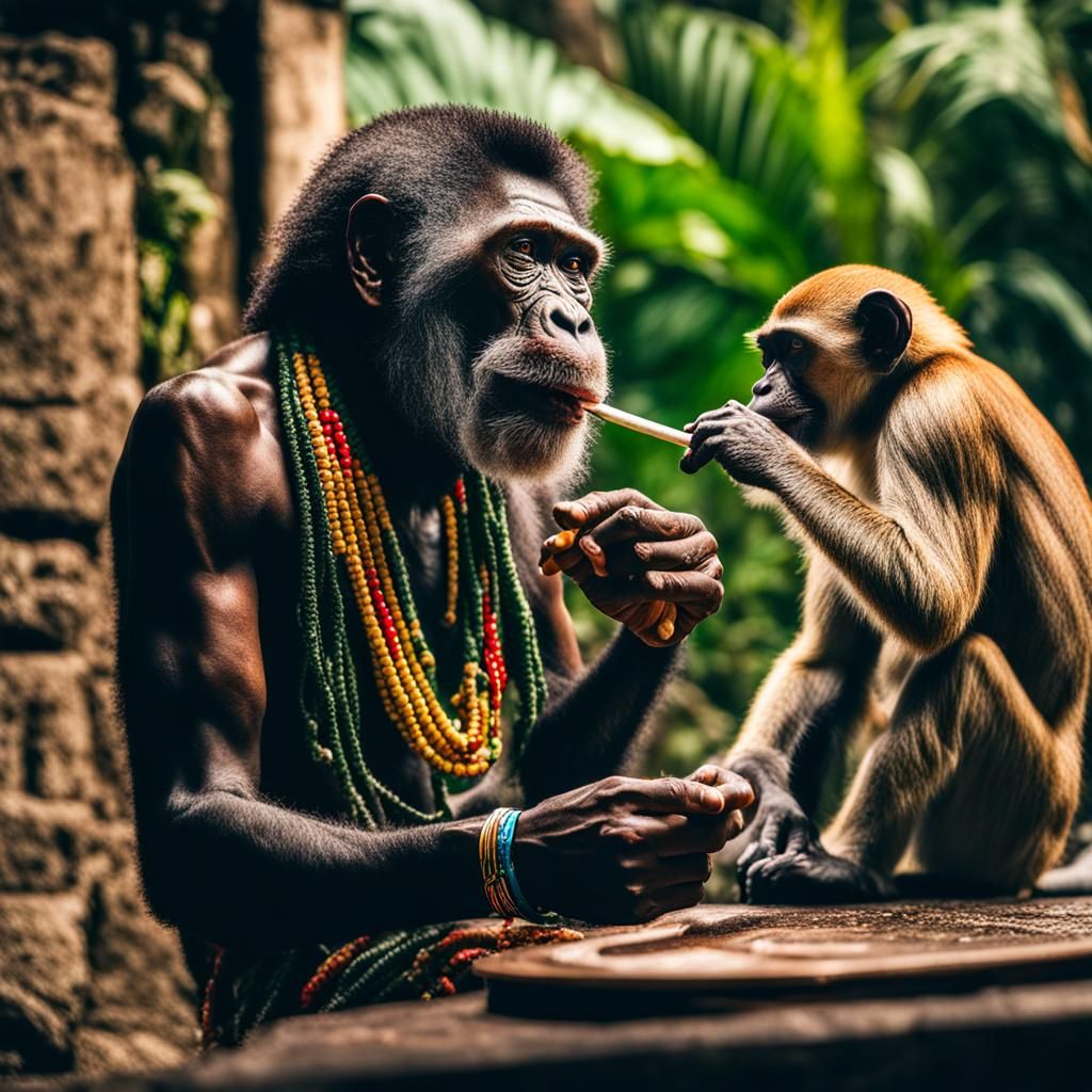 Monkey and Person Smoking, Hyperrealistic Image