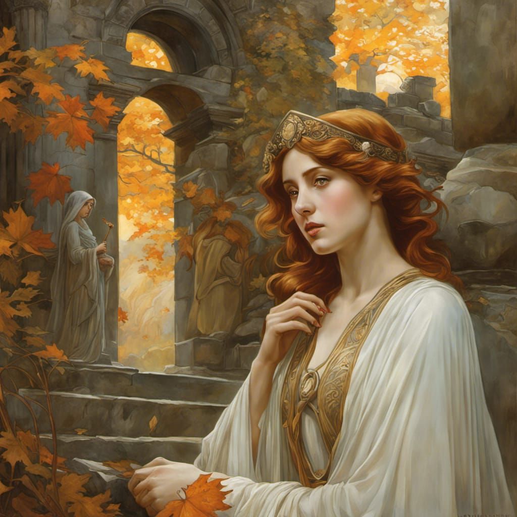 Tragic Beauty in Ancient Ruins: A Pre-Raphaelite Portrait