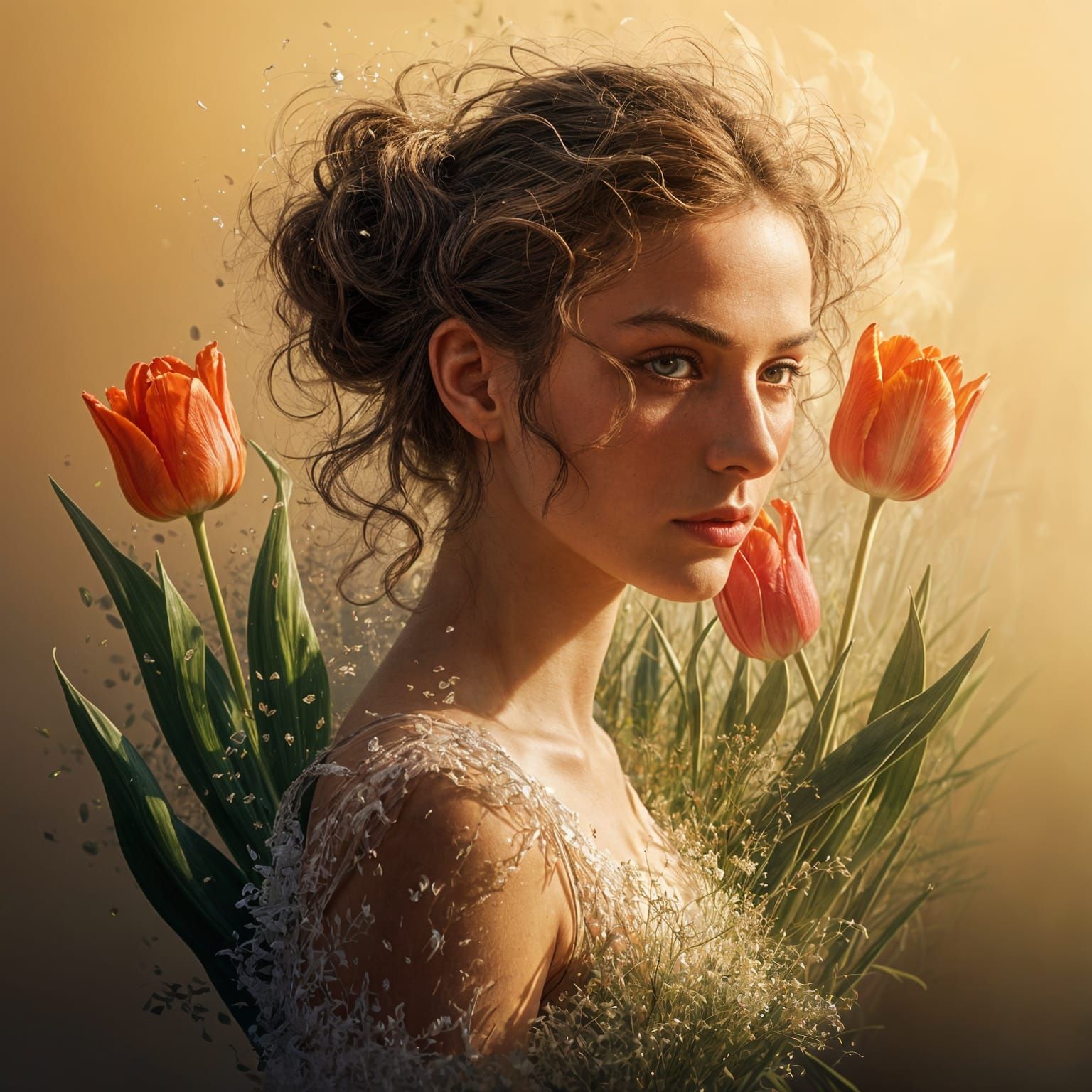Ethereal Impressionistic Portrait with Vibrant Tulips