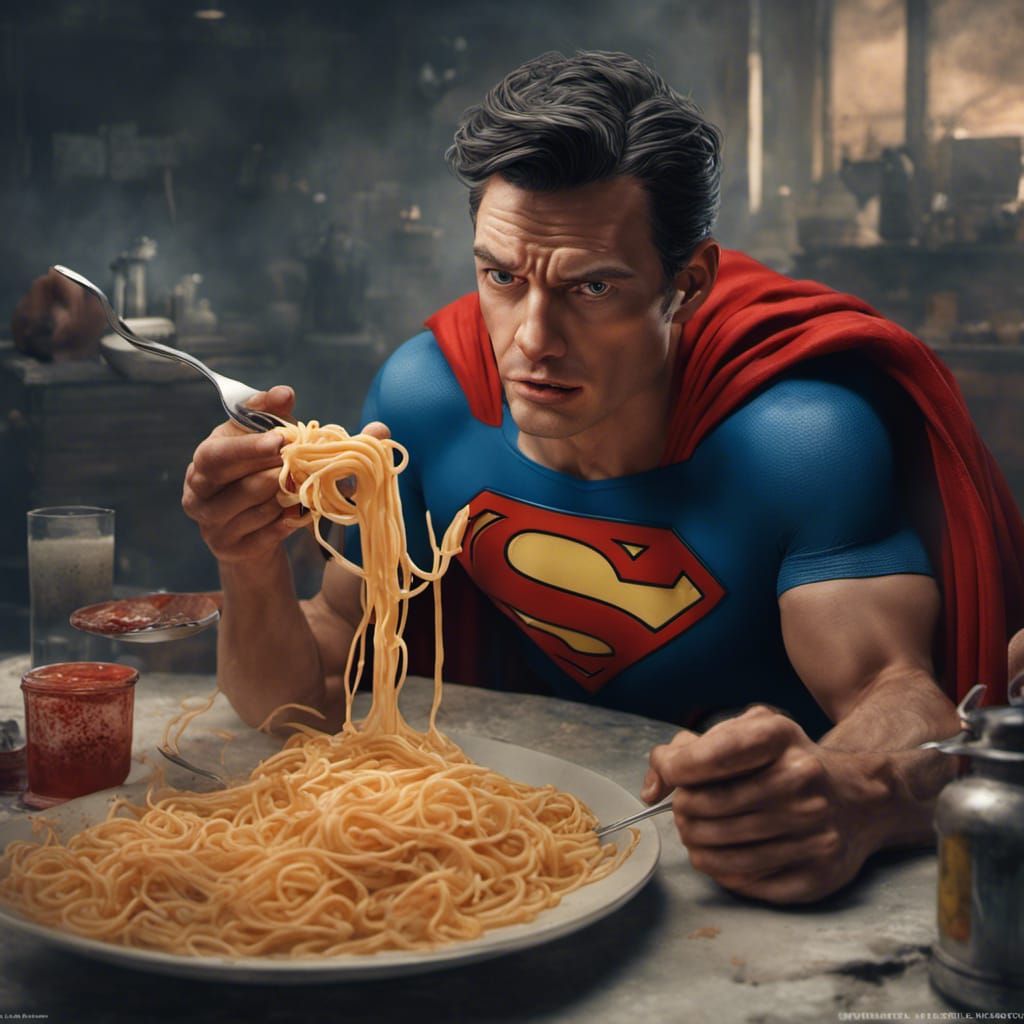 Superman eating spaghetti