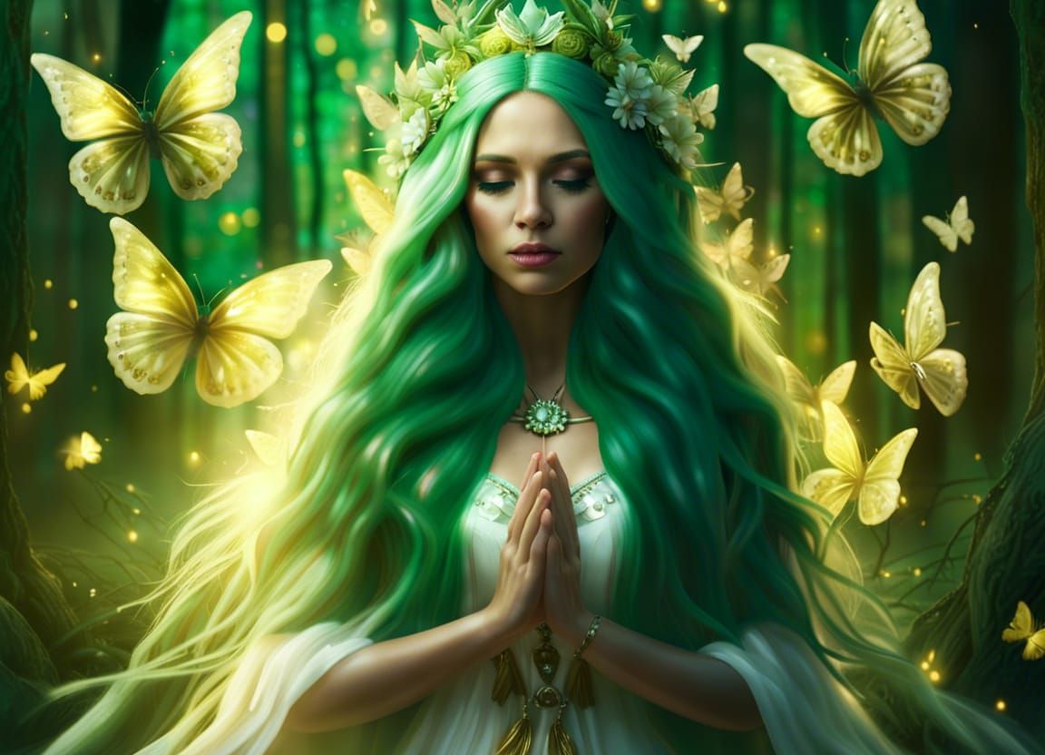 Green-Haired Fairy Queen in Golden Forest