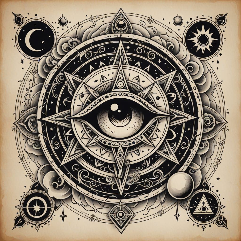 Mystical Symbols Flash Tattoo Art in Vintage Style