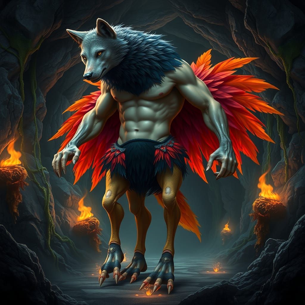 Majestic Wolf-Human-Ostrich Fusion Creature