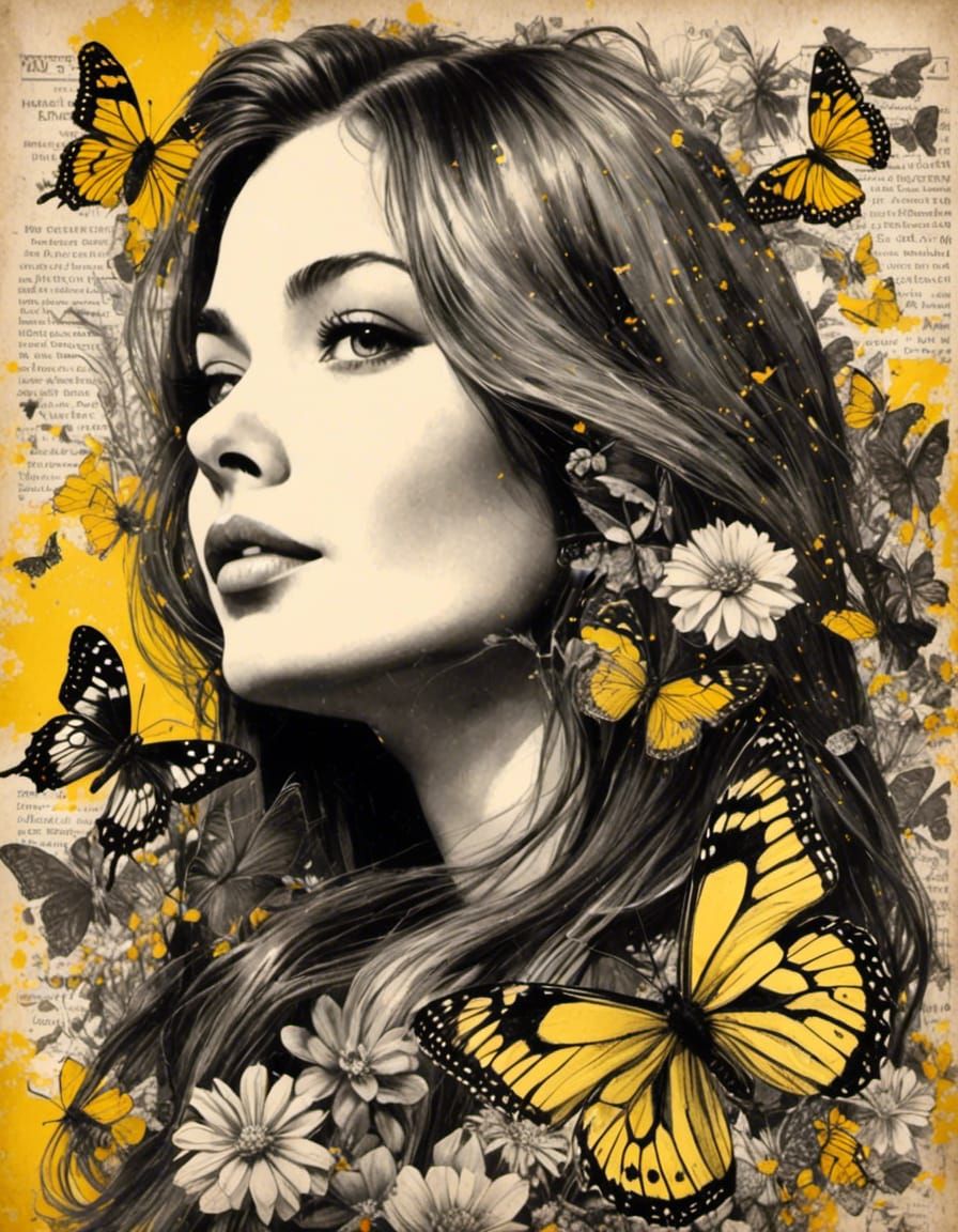 Vintage Collage Portrait of Woman with Butterflies