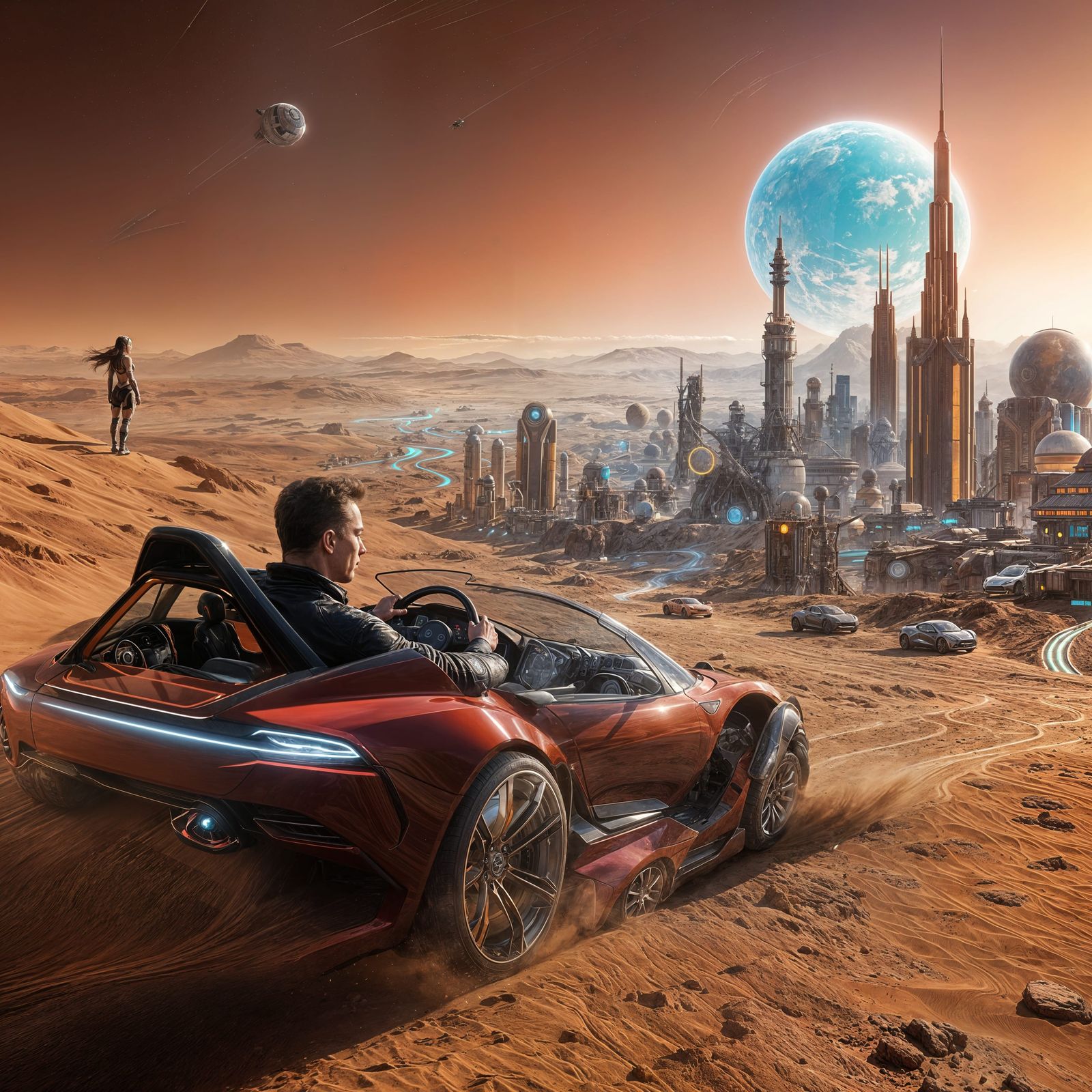 Cyberpunk Mars Landscape with Tesla Roadster and Cybertrucks