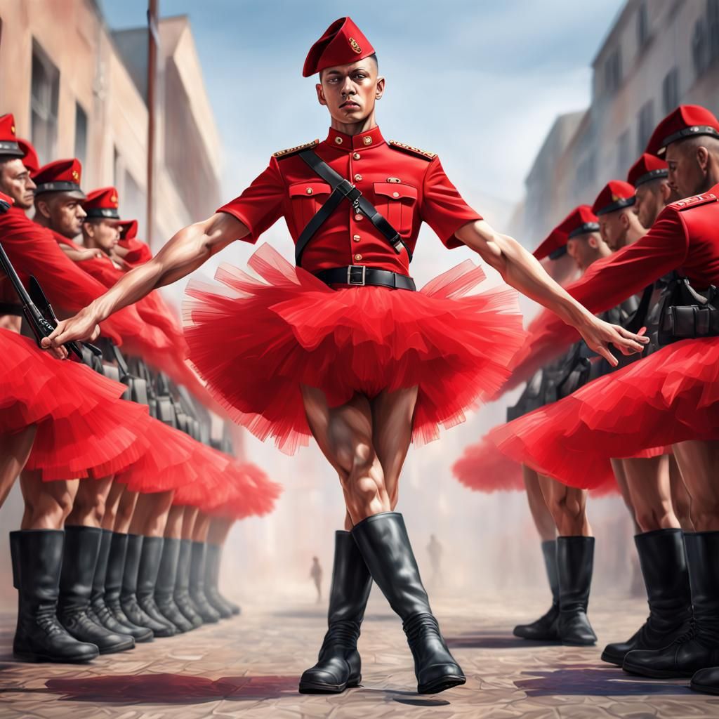 Soldier in Red Tutu: Photorealistic Splash Art