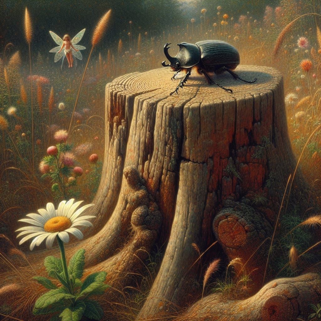 Ethereal Fairy and Beetle on Tree Stump