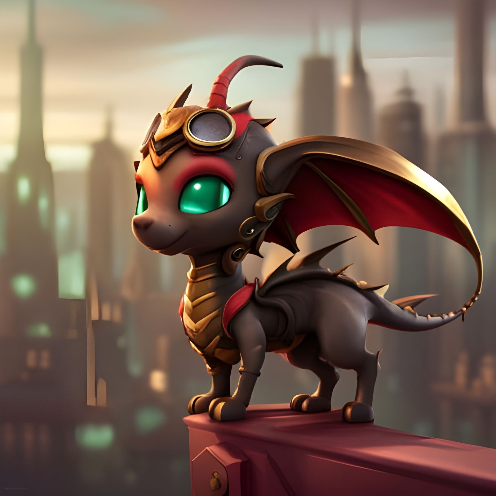 Chibi Steampunk Dragon in Industrial Cityscape