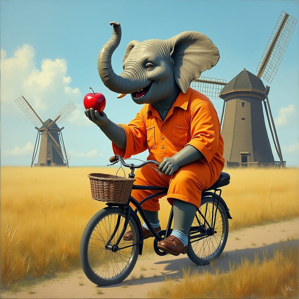 Larger-Than-Life Elephant in Bright Orange Shirts Riding Dut...