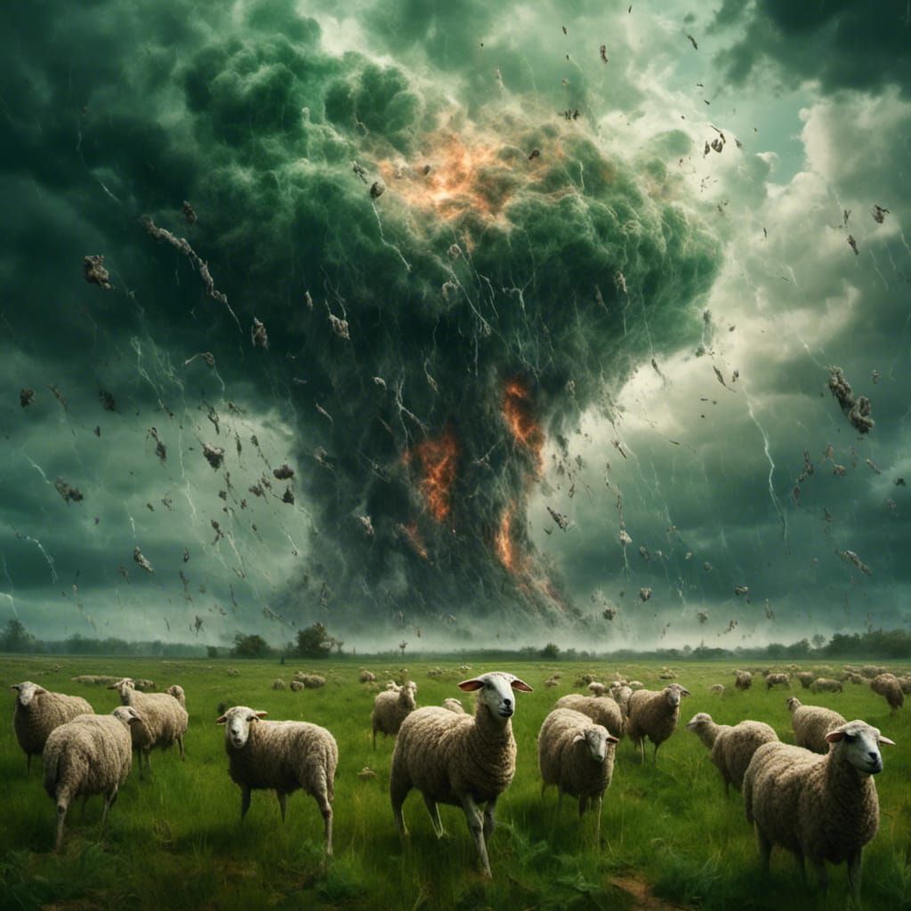 Tornado of Flying Sheep in Green Pasture