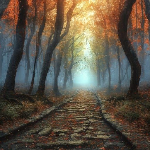 Surreal Autumn Forest Path in Painterly Style