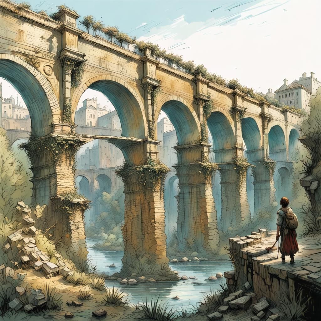 Ancient Roman Aqueduct: Watercolor and Ink Art