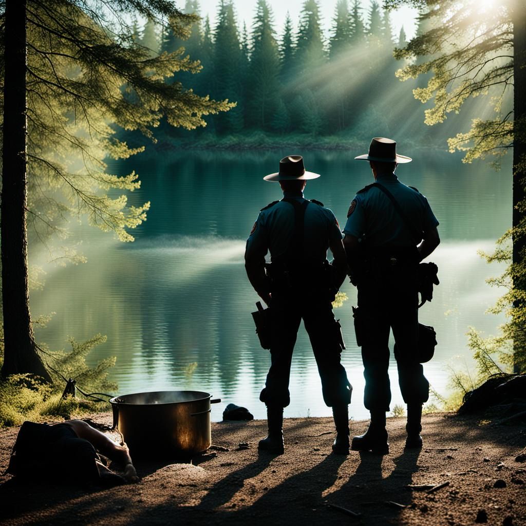 Mounties Camping by a Lake: Cinematic Film Still