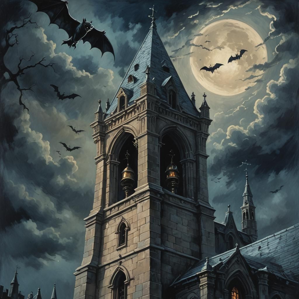 Gothic Bell Tower Rings at Night as Oil Painting
