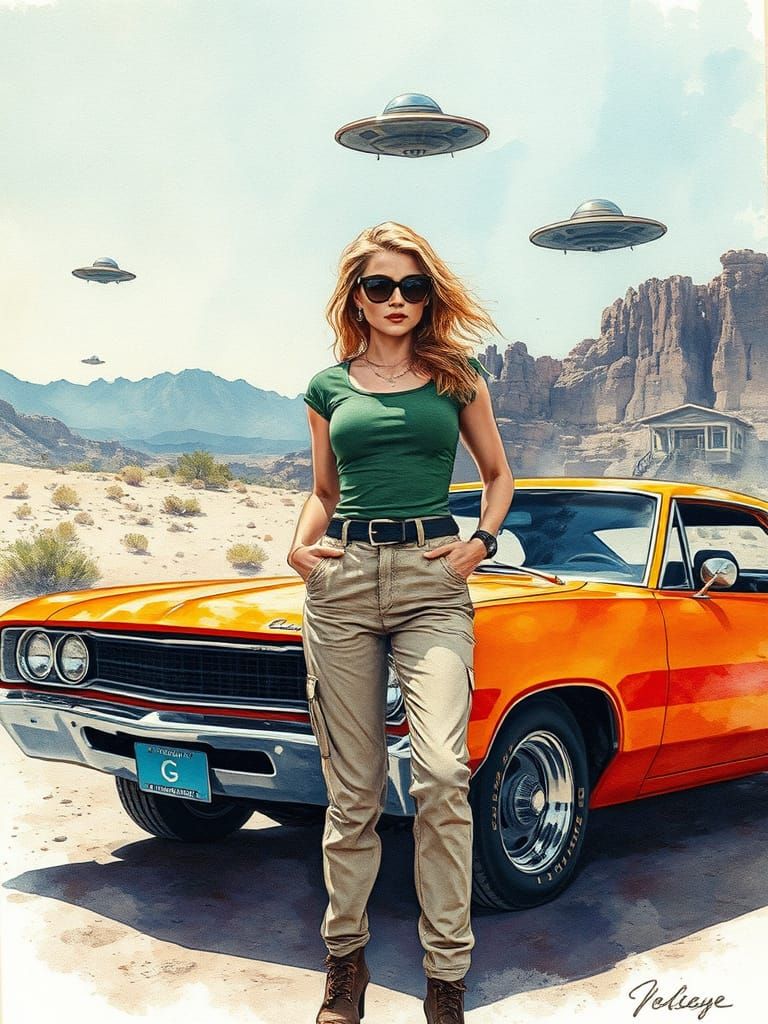 Surreal Woman Poses With Orange Muscle Car in Desert