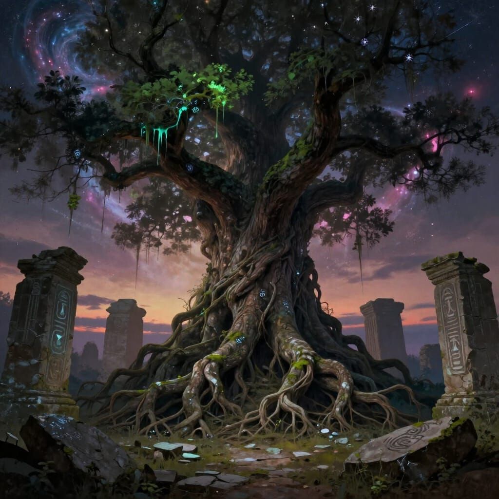 Ancient Tree Over Cyclopean Ruins Under Cosmic Sky