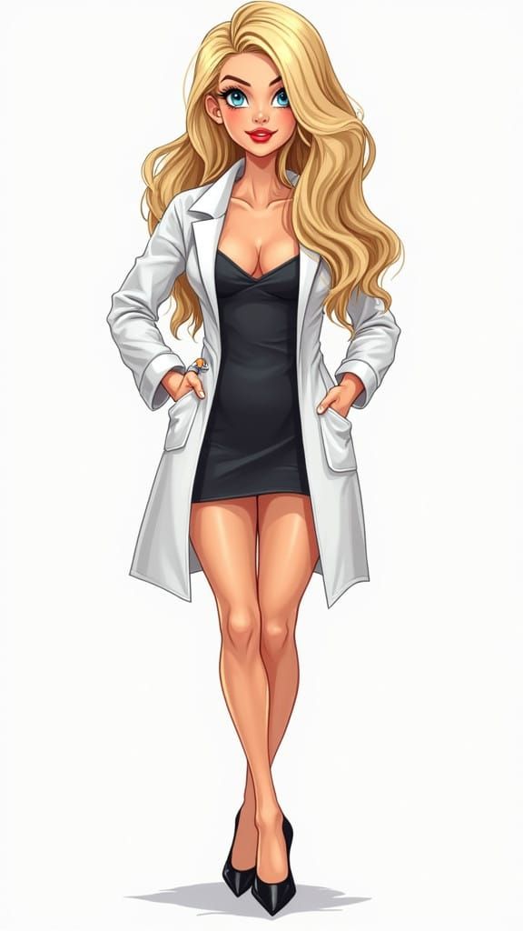 Sexy Blonde Woman in Lab Coat and Heels