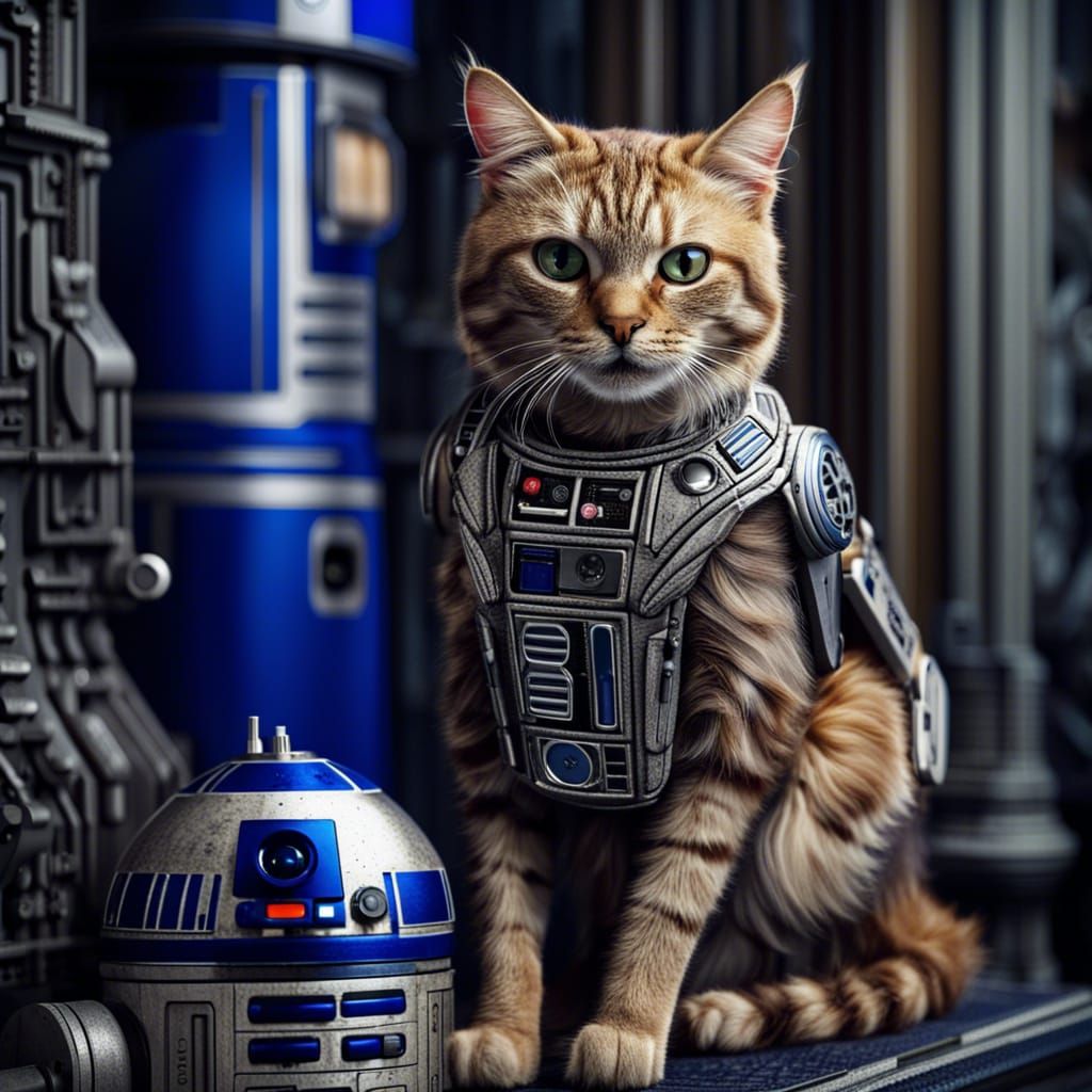 A cat siting next to R2D2