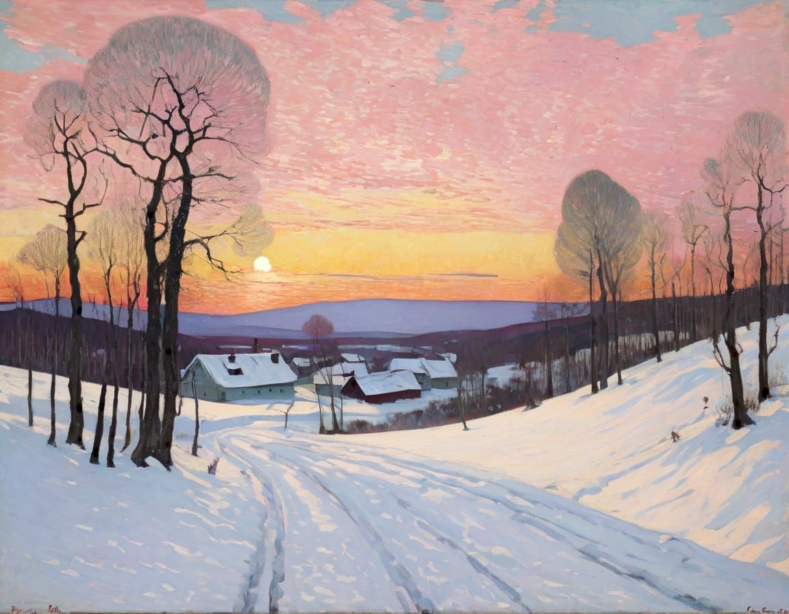 Winter Landscape at Pink Sunset