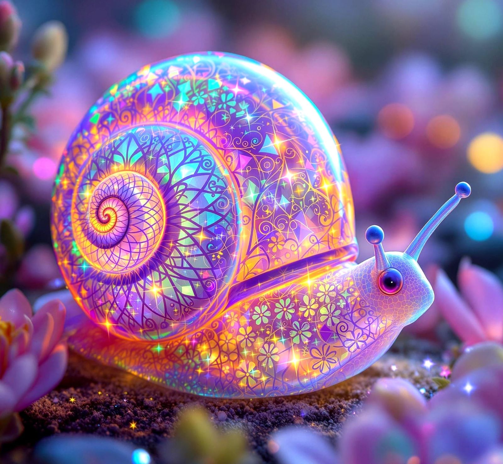 Delicate Filigree Snail in Vibrant Floral Fantasy
