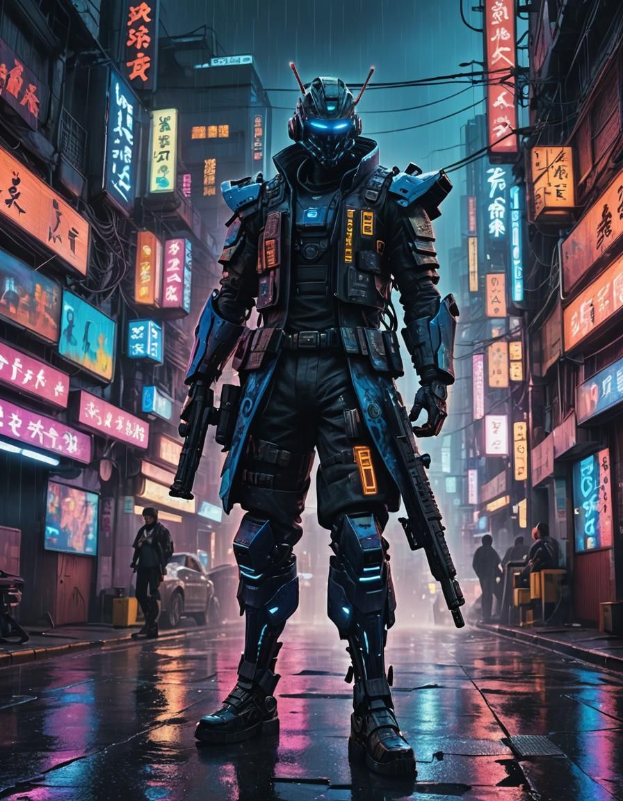 Cyberpunk Street Samurai in Neon Cityscape